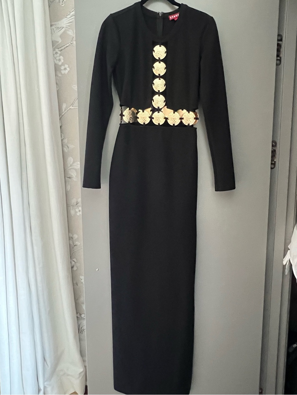STAUD Black Long-Sleeve Maxi Dress with Gold Medallion Trim - Picture 3 of 3